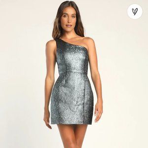 Lulus Modern Dream Teal Metallic Jacquard One-Shoulder Mini Dress XL